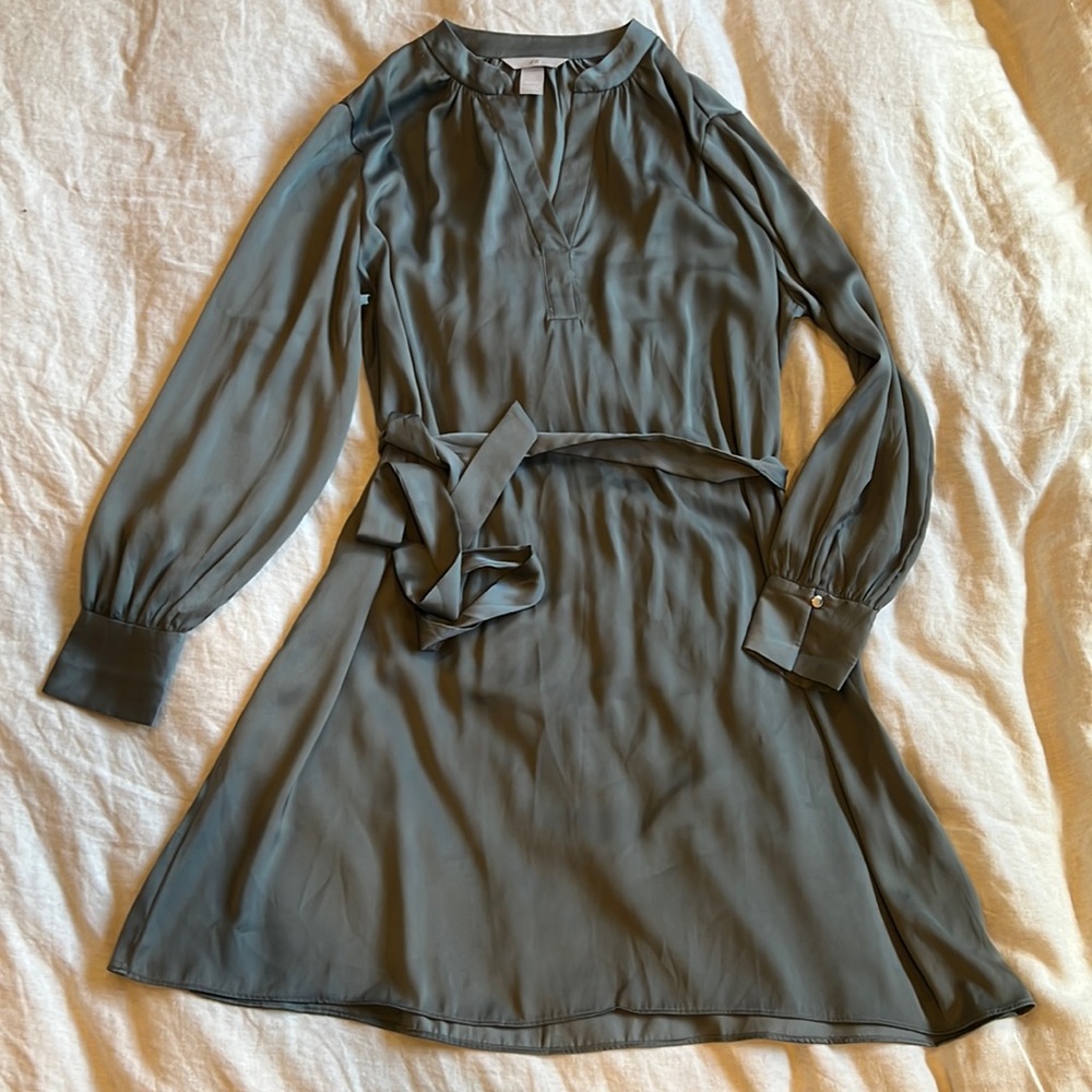 Blue-Gray Tie Dress with Button Detail